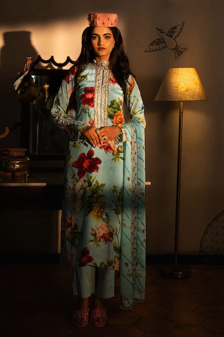 Affroz Blue Viscose, Crepe, Organza Beads Round Neck Floral Hand Embroidered Kurta Set Online at Aza Fashions Affroz_Blue Viscose, Crepe, Organza Beads Round Neck Floral Hand Embroidered Kurta Set _Online_at_Aza_Fashions