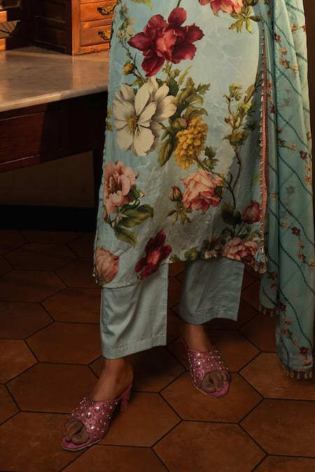 Buy Affroz Blue Viscose, Crepe, Organza Beads Round Neck Floral Hand Embroidered Kurta Set Online at Aza Fashions Buy_Affroz_Blue Viscose, Crepe, Organza Beads Round Neck Floral Hand Embroidered Kurta Set _Online_at_Aza_Fashions