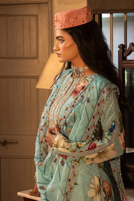Affroz Blue Viscose, Crepe, Organza Beads Round Neck Floral Hand Embroidered Kurta Set at Aza Fashions Affroz_Blue Viscose, Crepe, Organza Beads Round Neck Floral Hand Embroidered Kurta Set _at_Aza_Fashions
