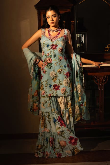 Affroz Blue Floral Hand Embroidered Kurta Set 