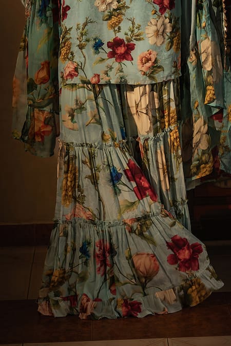 Affroz_Blue Viscose, Crepe, Organza Embroidery, Beads Round Neck Floral Hand Kurta Set _Online_at_Aza_Fashions