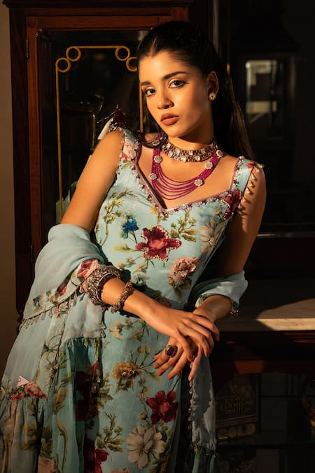 Buy_Affroz_Blue Viscose, Crepe, Organza Embroidery, Beads Round Neck Floral Hand Kurta Set _Online_at_Aza_Fashions