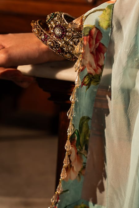 Shop_Affroz_Blue Viscose, Crepe, Organza Embroidery, Beads Round Neck Floral Hand Kurta Set _Online_at_Aza_Fashions