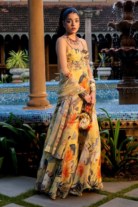 Buy_Affroz_Yellow Organza, Cotton Satin, Silk Sequins, Beads Sweetheart Floral Anarkali Set _Online_at_Aza_Fashions