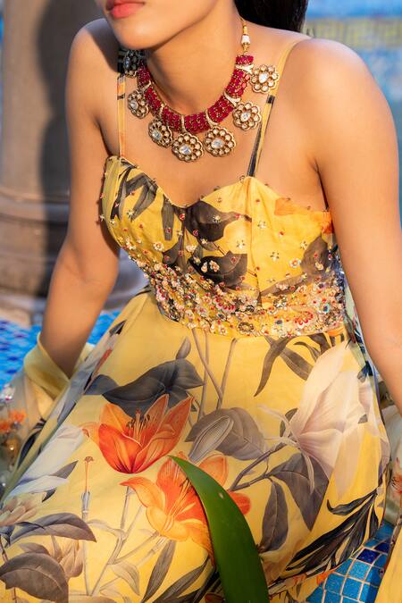 Shop_Affroz_Yellow Organza, Cotton Satin, Silk Sequins, Beads Sweetheart Floral Anarkali Set _Online_at_Aza_Fashions