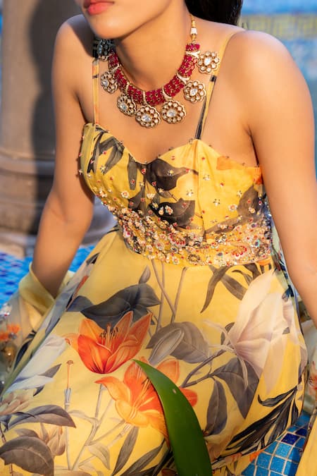 Affroz_Yellow Organza, Cotton Satin, Silk Sequins, Beads Sweetheart Floral Anarkali Set _at_Aza_Fashions