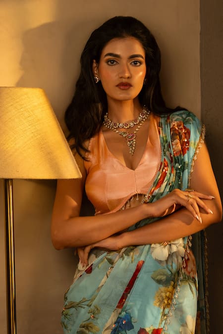 Affroz_Blue Organza, Silk, Tissue V-neck Floral Saree Set _Online_at_Aza_Fashions