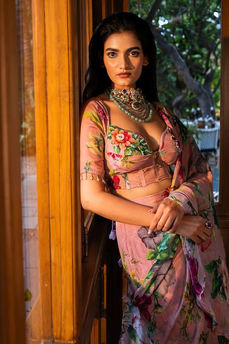 Affroz Pink Organza, Silk, Viscose, Crepe Embroidery Floral Print Pre-draped Saree Set Online at Aza Fashions Affroz_Pink Organza, Silk, Viscose, Crepe Embroidery Floral Print Pre-draped Saree Set _Online_at_Aza_Fashions