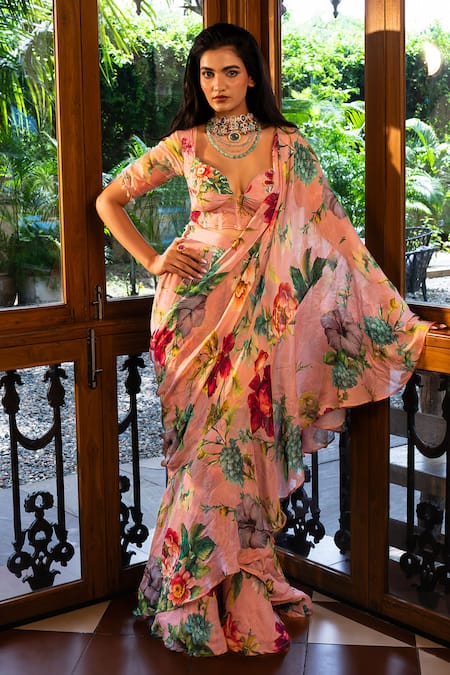 Affroz Floral Print Pre-Draped Saree Set 