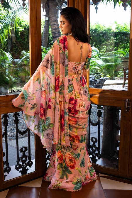 Affroz Floral Print Pre-Draped Saree Set 