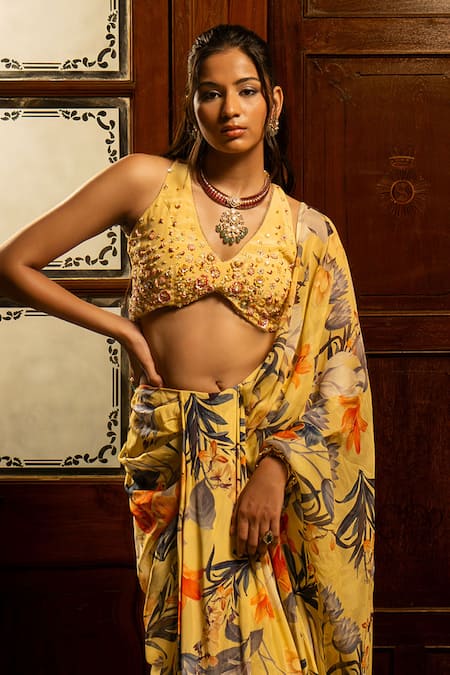Affroz_Yellow Organza, Silk, Viscose, Crepe Embroidery Floral Saree And Blouse Set _Online_at_Aza_Fashions