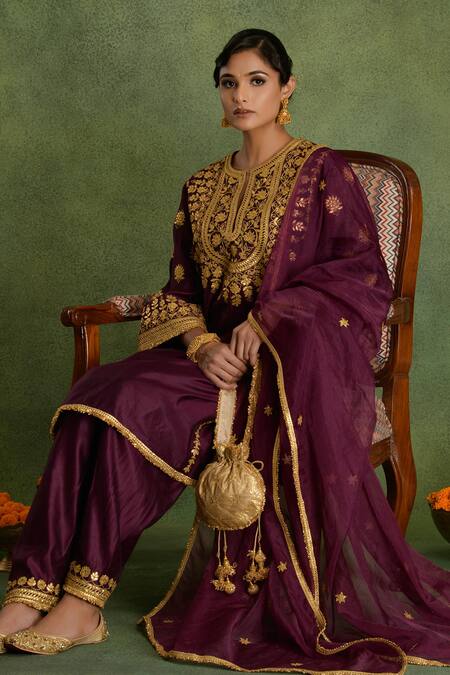 Buy saina kapoor Wine Chanderi Embroidery Split V-neck Choga Kurta Set Online at Aza Fashions Buy_saina kapoor_Wine Chanderi Embroidery Split V-neck Choga Kurta Set _Online_at_Aza_Fashions