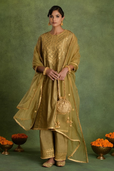 Saina Kapoor Green Chanderi Embroidery Round Neck Beige Kurta Set