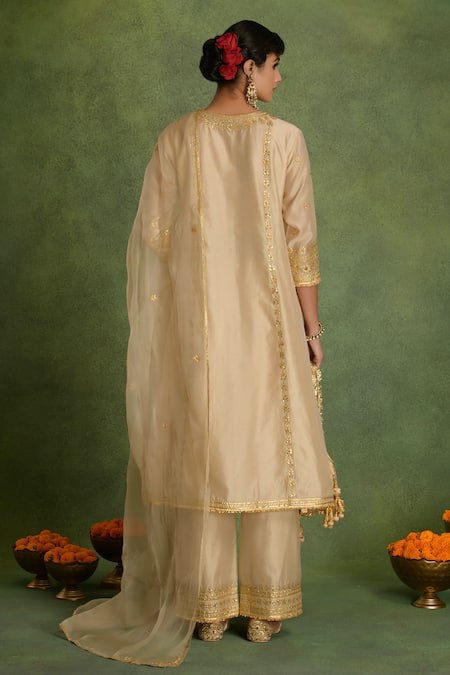 Shop saina kapoor Beige Chanderi Embroidery Round Neck Choga Kurta Set at Aza Fashions Shop_saina kapoor_Beige Chanderi Embroidery Round Neck Choga Kurta Set _at_Aza_Fashions
