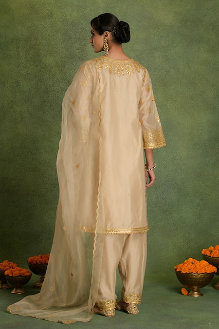 Shop saina kapoor Beige Chanderi Embroidery, Zari Round Neck Choga Set at Aza Fashions Shop_saina kapoor_Beige Chanderi Embroidery, Zari Round Neck Choga Set _at_Aza_Fashions