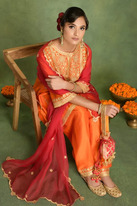 Shop saina kapoor Orange Chanderi Embroidery Round , Keyhole Choga Kurta Set Online at Aza Fashions Shop_saina kapoor_Orange Chanderi Embroidery Round , Keyhole Choga Kurta Set _Online_at_Aza_Fashions