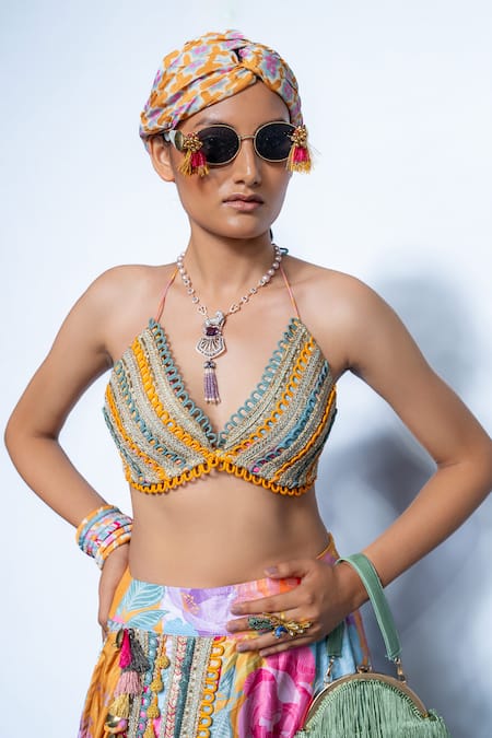 Rishi and Vibhuti_Yellow Crepe Embroidery, Beads Scoop Neck Marigold First Look Set _Online_at_Aza_Fashions