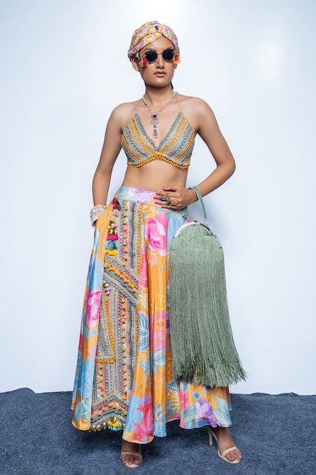Rishi And Vibhuti Yellow Crepe Embroidery, Beads Scoop Neck Marigold First Look Set