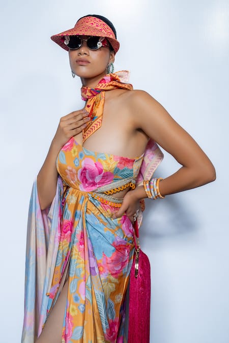 Rishi and Vibhuti Yellow Crepe Fringe One Shoulder Marigold Dress Online at Aza Fashions Rishi and Vibhuti_Yellow Crepe Fringe One Shoulder Marigold Dress _Online_at_Aza_Fashions