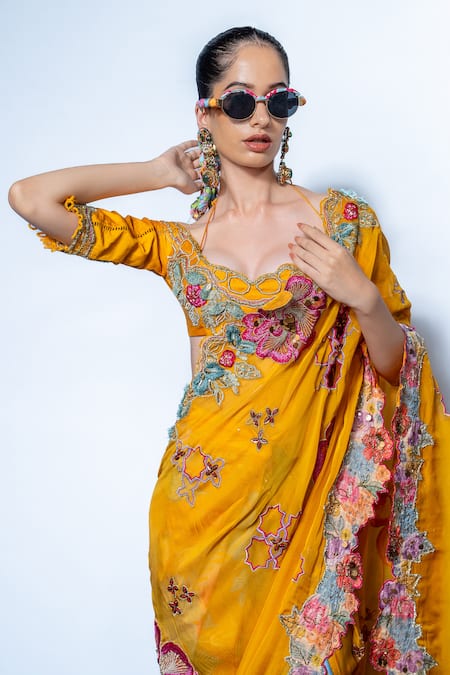 Rishi and Vibhuti Yellow Organza, Chanderi Embroidery, Marigold Muse Pre-draped Saree And Blouse Set Online at Aza Fashions Rishi and Vibhuti_Yellow Organza, Chanderi Embroidery, Marigold Muse Pre-draped Saree And Blouse Set _Online_at_Aza_Fashions