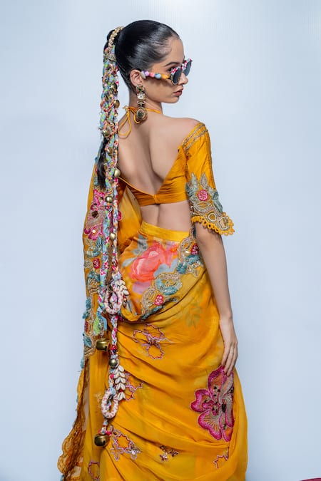 Rishi And Vibhuti Marigold Muse Pre-Draped Saree & Blouse Set 