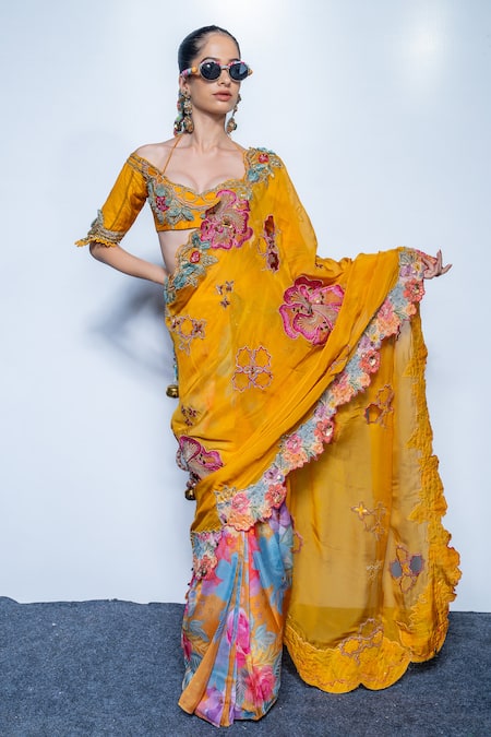 Rishi And Vibhuti Marigold Muse Pre-Draped Saree & Blouse Set 