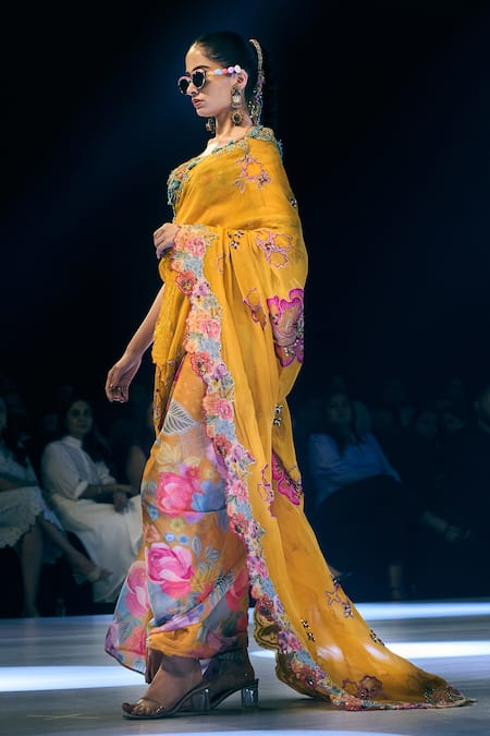 Buy Rishi and Vibhuti Yellow Organza, Chanderi Embroidery, Marigold Muse Pre-draped Saree And Blouse Set Online at Aza Fashions Buy_Rishi and Vibhuti_Yellow Organza, Chanderi Embroidery, Marigold Muse Pre-draped Saree And Blouse Set _Online_at_Aza_Fashions