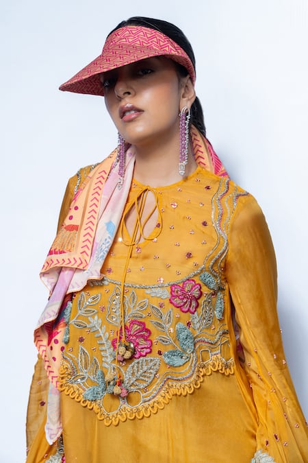 Buy_Rishi and Vibhuti_Yellow Chanderi, Organza Sequins, Embroidery Round Neck Sunbeam Kurta Set _Online_at_Aza_Fashions