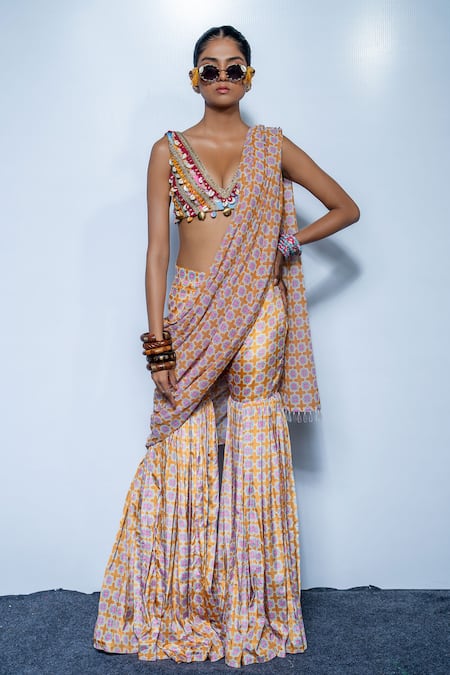 Rishi And Vibhuti Glow Saree Designer Pre-Draped Sharara Saree Set 