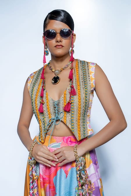 Rishi and Vibhuti_Yellow Crepe, Organza Tassels V-neck Designer Palette Prose Lehenga Set _Online_at_Aza_Fashions