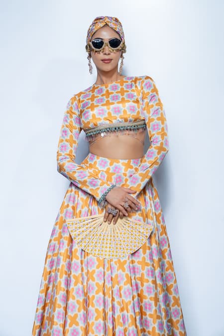 Rishi and Vibhuti_Yellow Crepe Beads Round Neck Sunset Lehenga Set  _Online_at_Aza_Fashions