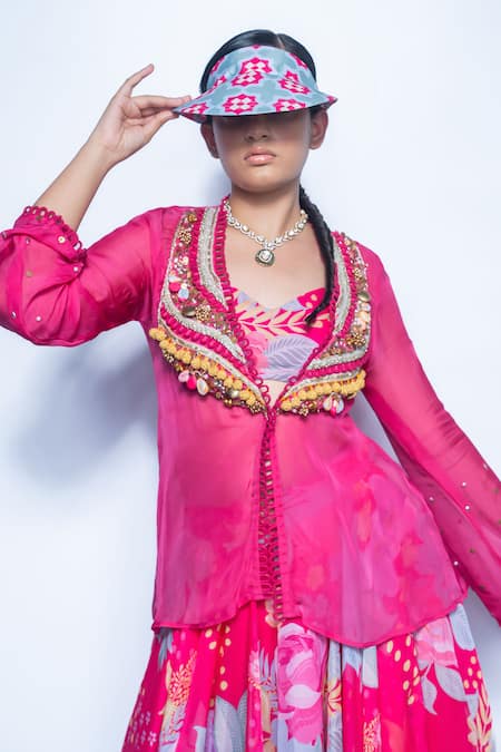 Rishi and Vibhuti_Fuchsia Organza Tassels, Beads Round Neck Pink Rani Rush Lehenga Set _Online_at_Aza_Fashions