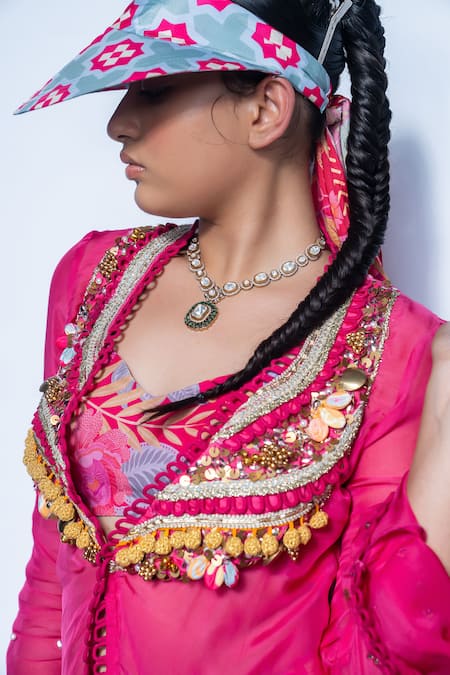 Buy_Rishi and Vibhuti_Fuchsia Organza Tassels, Beads Round Neck Pink Rani Rush Lehenga Set _Online_at_Aza_Fashions