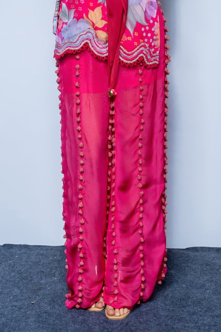 Shop Rishi and Vibhuti Fuchsia Organza Pom-poms, Embroidery Round Neck Pink Designer Dee Kurta Set Online at Aza Fashions Shop_Rishi and Vibhuti_Fuchsia Organza Pom-poms, Embroidery Round Neck Pink Designer Dee Kurta Set _Online_at_Aza_Fashions