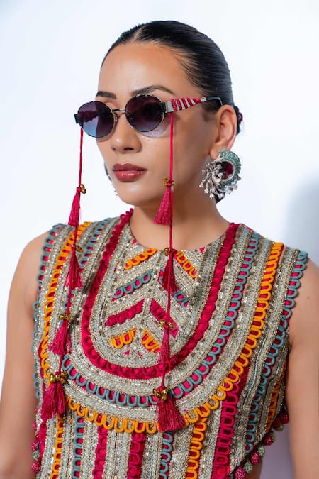 Rishi and Vibhuti_Multi Color Velvet Tassels, Embroidery Round Neck Orchid Lehenga Set _Online_at_Aza_Fashions