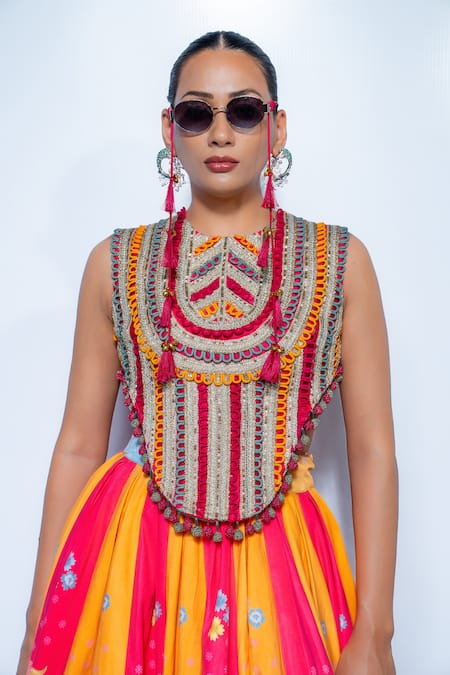 Buy_Rishi and Vibhuti_Multi Color Velvet Tassels, Embroidery Round Neck Orchid Lehenga Set _Online_at_Aza_Fashions