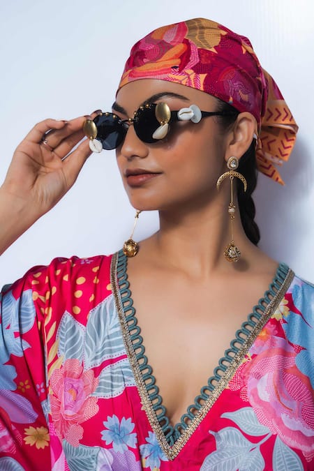 Rishi and Vibhuti_Fuchsia Crepe Fringe V-neck Dream Kaftan _Online_at_Aza_Fashions