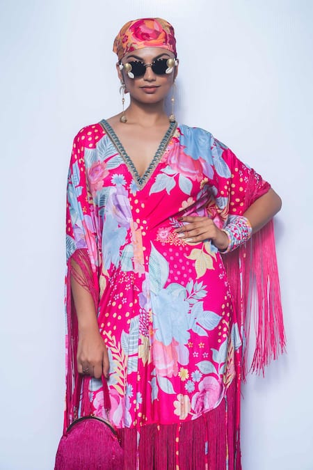 Buy_Rishi and Vibhuti_Fuchsia Crepe Fringe V-neck Dream Kaftan _Online_at_Aza_Fashions
