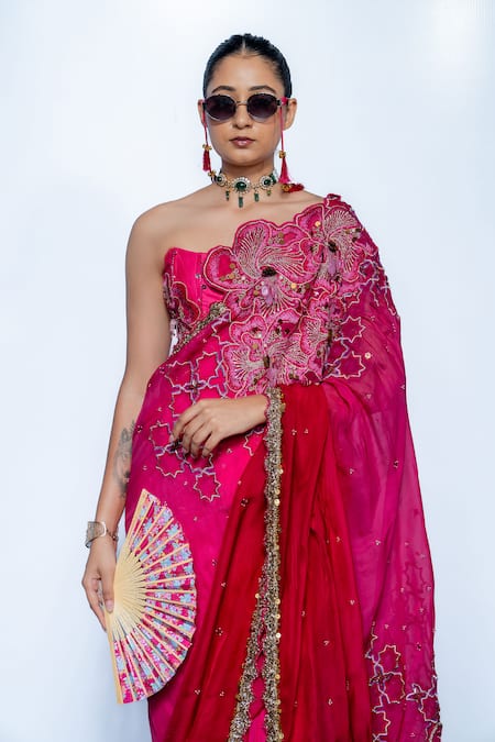 Rishi And Vibhuti Fuschia Corset Saree & Blouse Set 