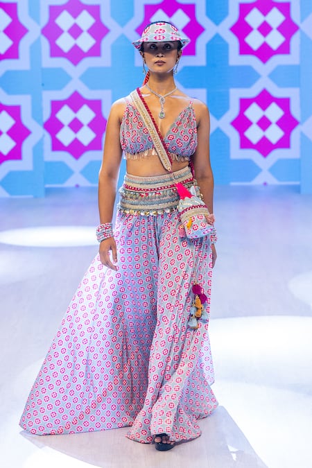 Rishi And Vibhuti Mario Magenta Printed Bralette & Lehenga Set 