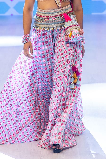 Rishi and Vibhuti_Magenta Crepe, Georgette Sequins, Mario Printed Bralette And Lehenga Set _Online_at_Aza_Fashions