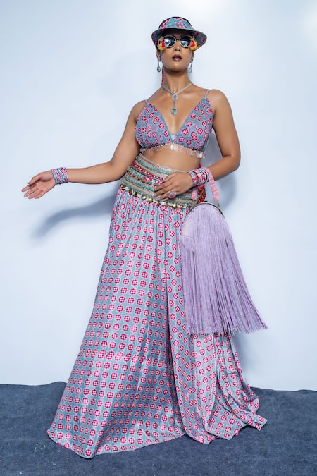 Rishi and Vibhuti Mario Magenta Printed Bralette & Lehenga Set 