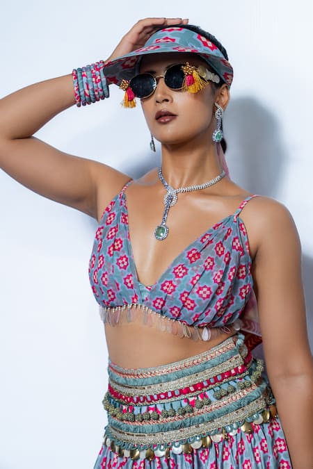 Buy_Rishi and Vibhuti_Magenta Crepe, Georgette Sequins, Mario Printed Bralette And Lehenga Set _Online_at_Aza_Fashions