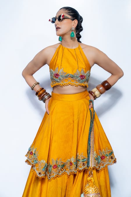 Rishi and Vibhuti_Yellow Silk Tassels, Embroidery Halter Neck Dawn Lehenga Set _Online_at_Aza_Fashions