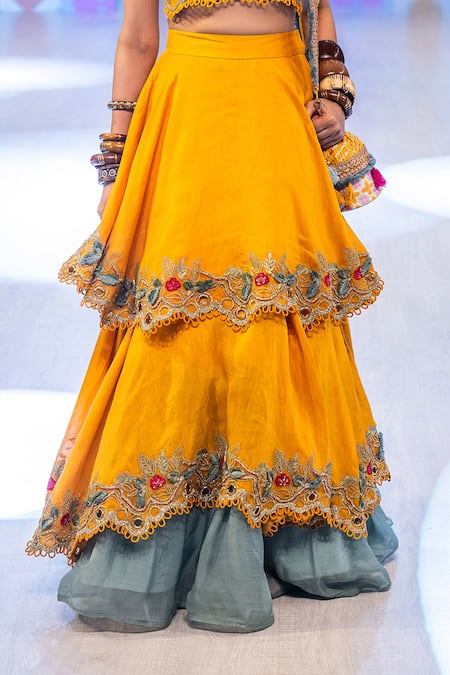 Buy_Rishi and Vibhuti_Yellow Silk Tassels, Embroidery Halter Neck Dawn Lehenga Set _Online_at_Aza_Fashions