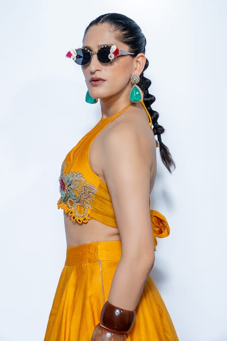 Shop_Rishi and Vibhuti_Yellow Silk Tassels, Embroidery Halter Neck Dawn Lehenga Set _Online_at_Aza_Fashions