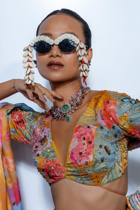 Rishi and Vibhuti_Yellow Organza Sequins V-neck Amber Affair Lehenga Set _Online_at_Aza_Fashions