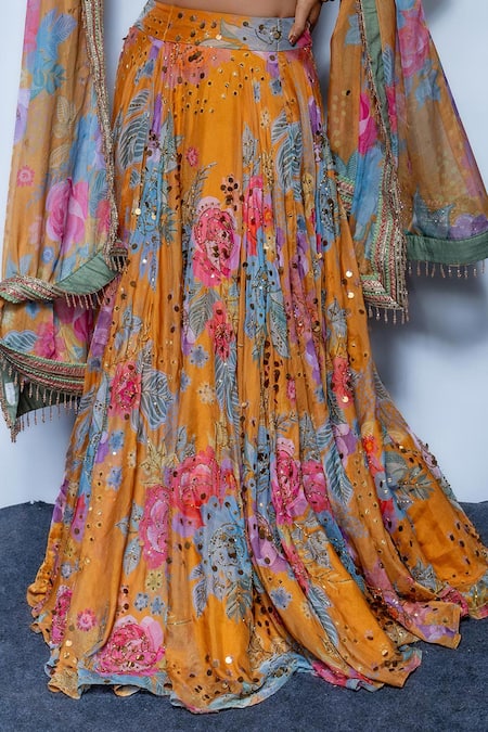 Buy_Rishi and Vibhuti_Yellow Organza Sequins V-neck Amber Affair Lehenga Set _Online_at_Aza_Fashions