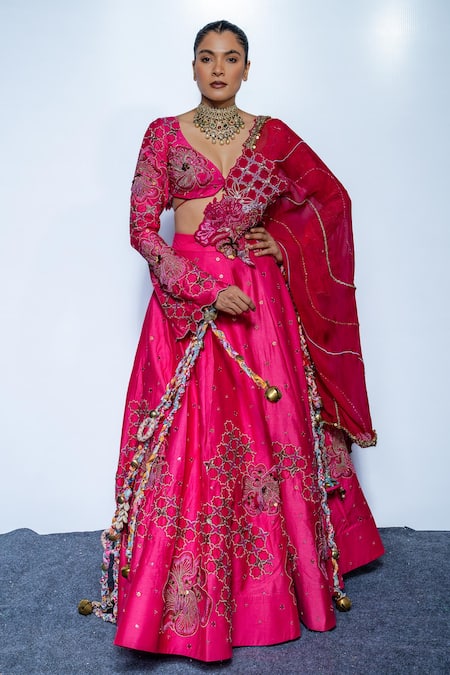 Rishi and Vibhuti_Fuchsia Chanderi, Net Sequins, Embroidery V-neck Pink Royale Lehenga Set _Online_at_Aza_Fashions