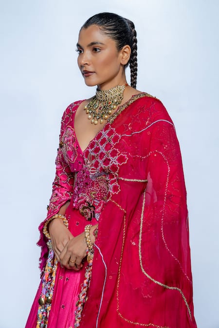 Buy_Rishi and Vibhuti_Fuchsia Chanderi, Net Sequins, Embroidery V-neck Pink Royale Lehenga Set _Online_at_Aza_Fashions